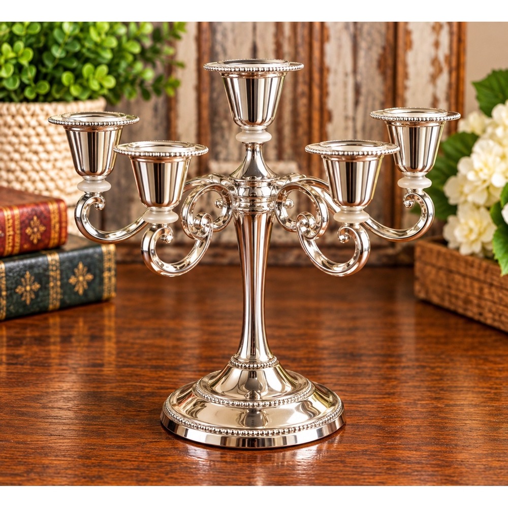 Vintage Silver Plated 5 Light Candelabra Beaded Trim Scroll Arm Candle Holder